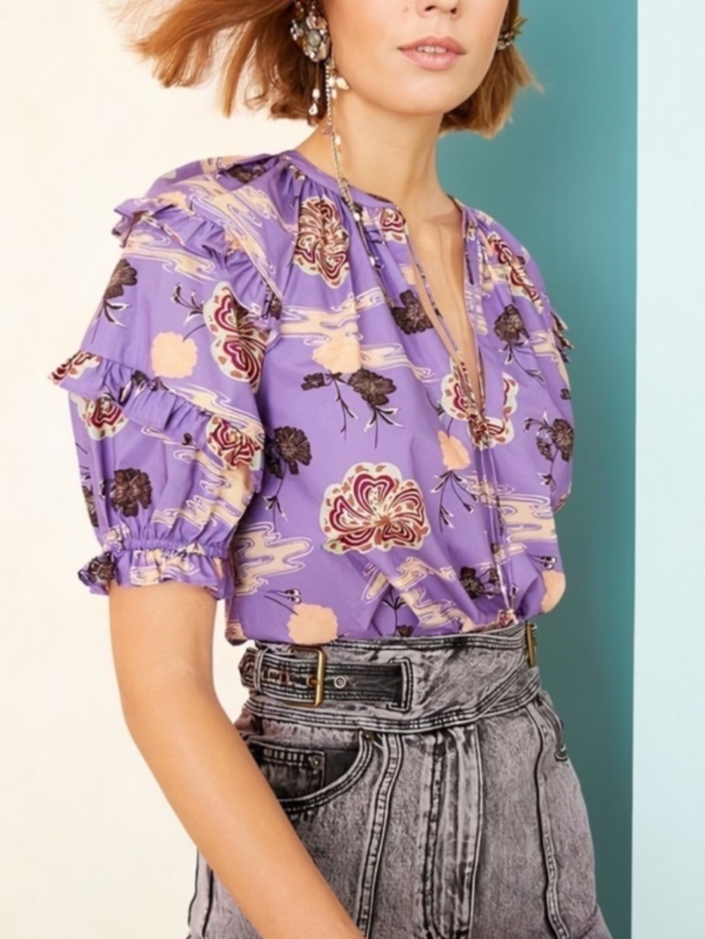 Ulla Johnson purple floral puff sleeve blouse
